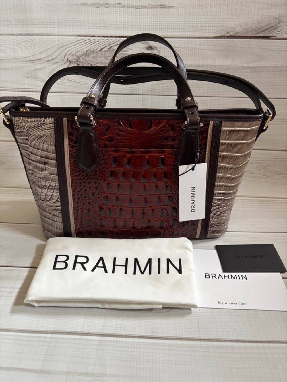 Brahmin Mini Asher Tote   Croc-Embossed Satchel in Chestnut and Metallic Taupe